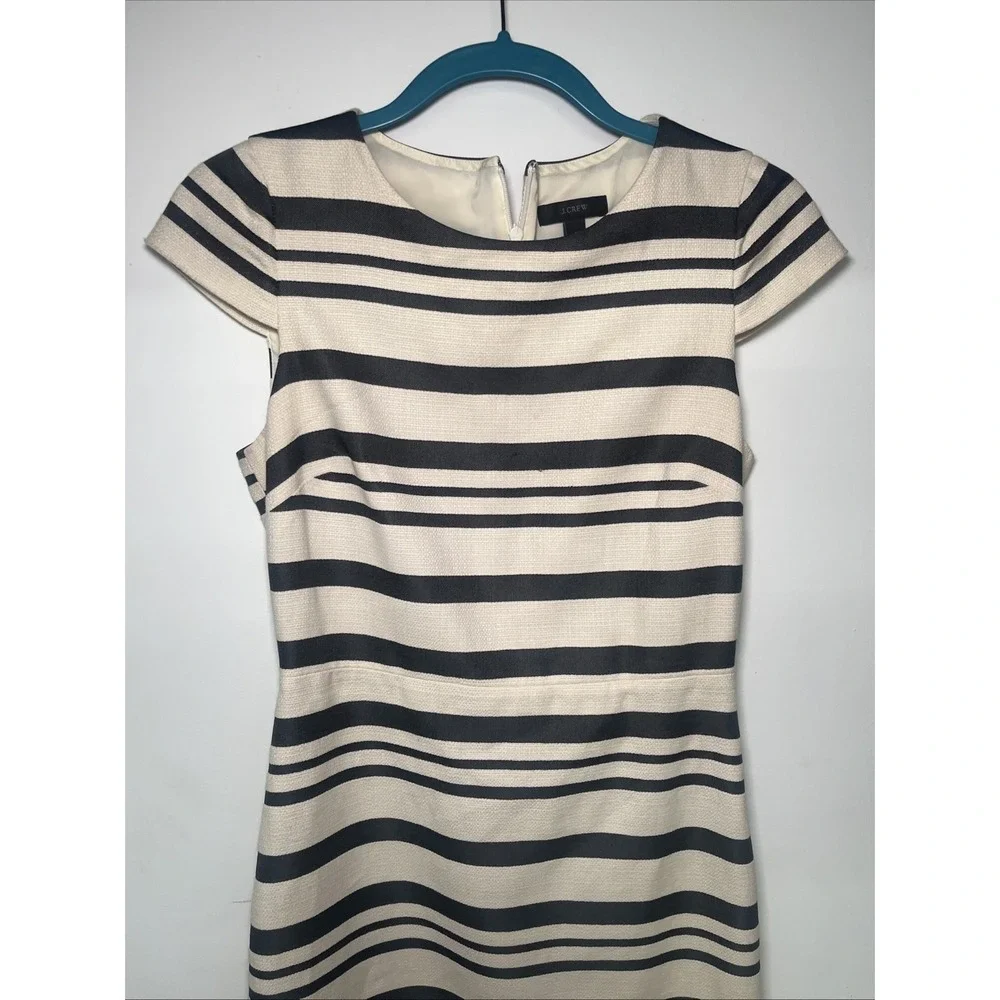 J.Crew Ivory Graphite Stripe Sheath Dress Size 2 Textured Career Chic Cap Sleeve